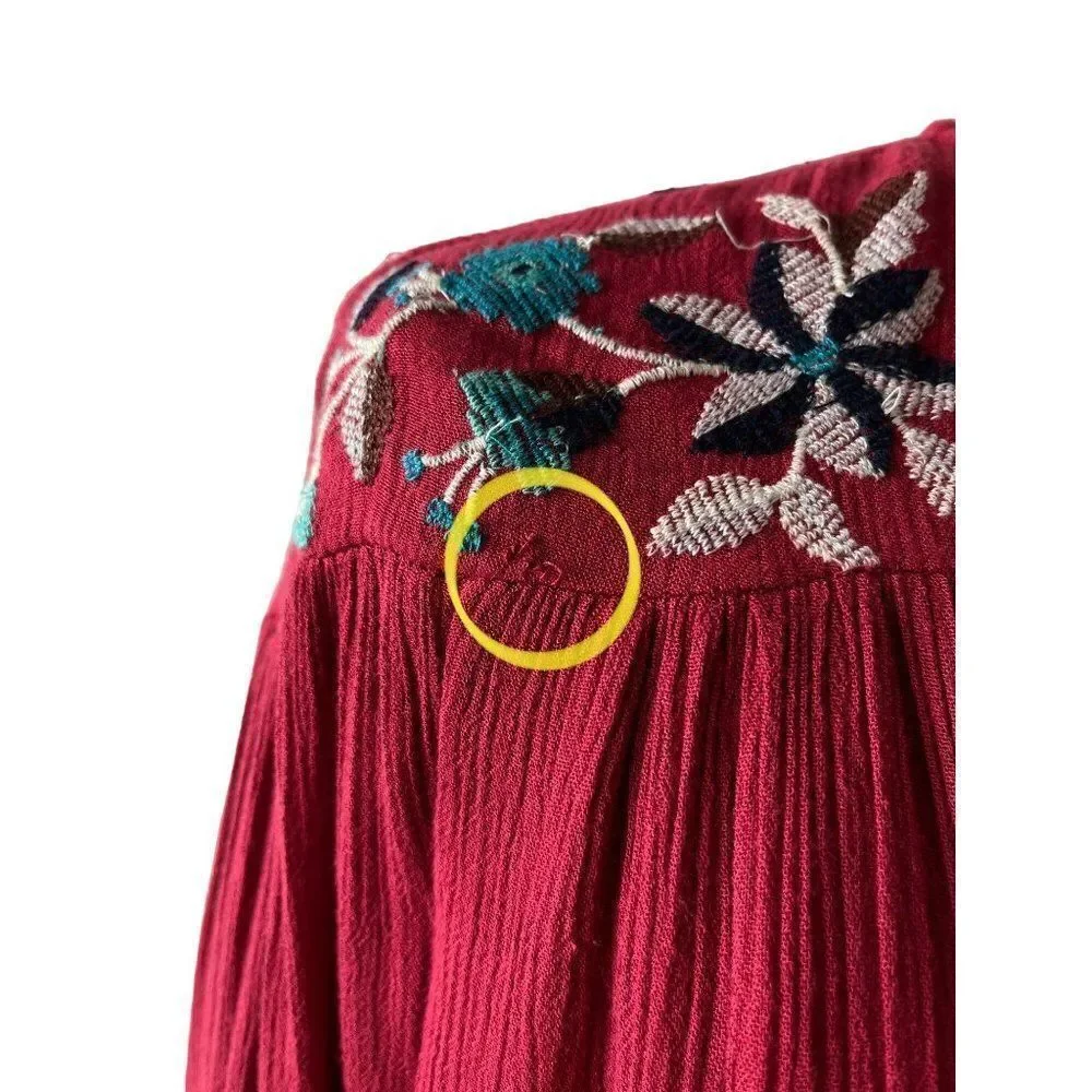Free People Te Amo Embroidered Mini Dress Red XS Flared Sleeve Flowy Oversized